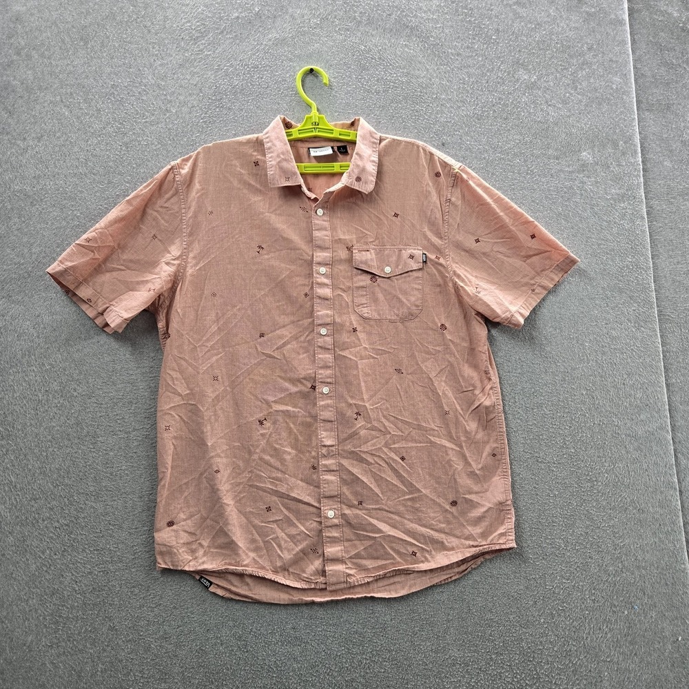 Vans‎ Men Button Up Shirt L Pink Embroidered Graphic Casual Shirt Short